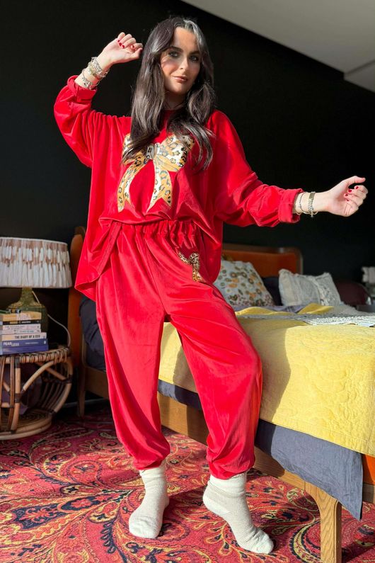 Binky Bow Soft Stretch Velour Lounge Suit Ruby